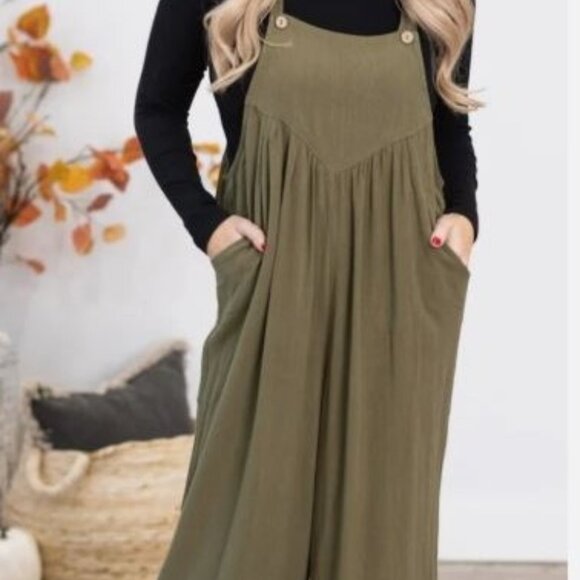 Kori Jumpsuit Overalls Womens Medium Olive Green Cropped Wide Leg Cottagecore - Picture 1 of 14